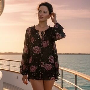 Torrid 1 Tunic Peasant Blouse Black Pink Floral‎ Button Front Gold Dots 1X 18/20